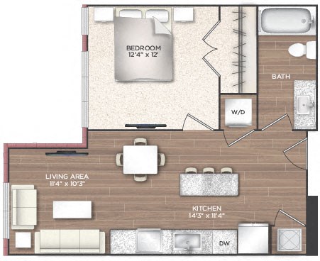 Floor plan for 1 bed, 1 bath, 649 sqft